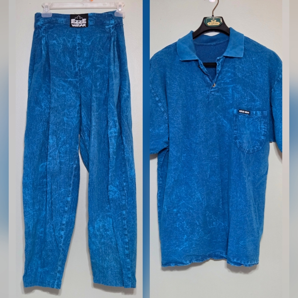 EZZE WEAR Vintage Set Top+Pants Blue Acid Wash Unisex Y2k 90s 100% Cotton Sz Med